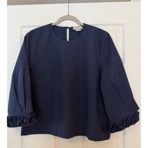 M. Patmos Denim Cotton Top Blue Ruffle Cuff Keyhole Boxy Lagenlook Minimalist L